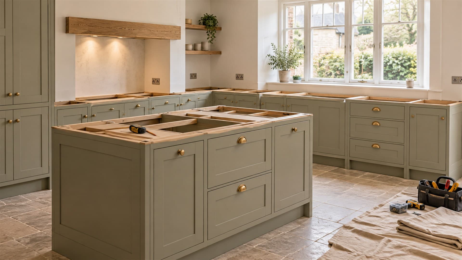 Painted kitchen cabinets mid-installation, with open tops, neatly arranged tools and a dust sheet.