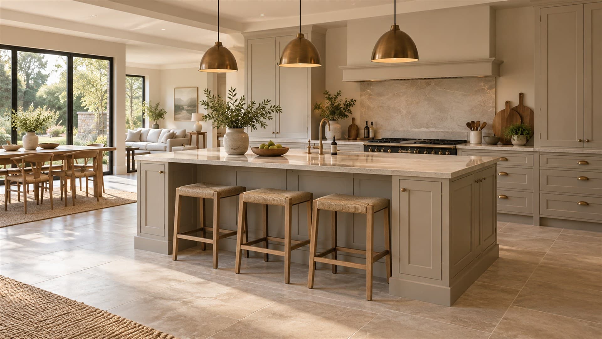 Painted kitchen island with a stone worktop, three bar stools and pendant lighting.