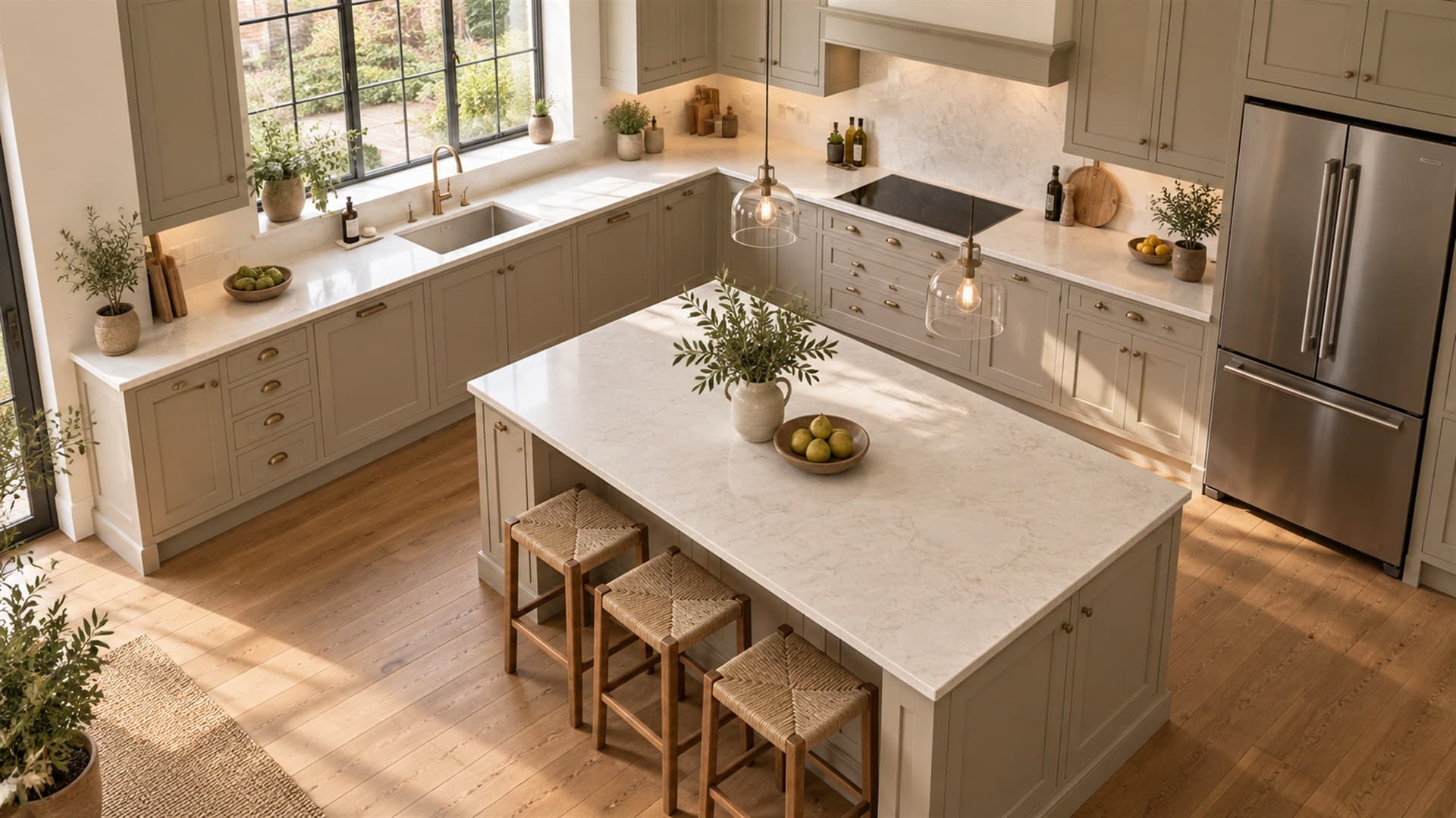 High view of an L-shaped kitchen with a central island, showing the sink, hob and fridge.