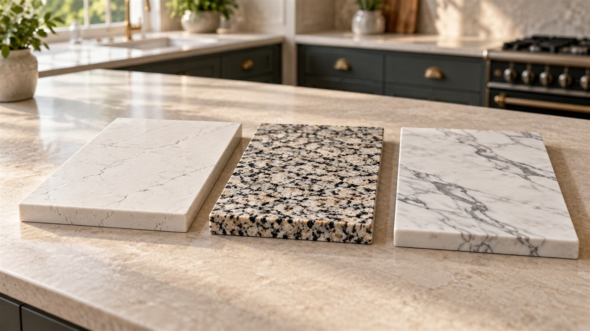 Pale veined quartz, speckled granite and marble-effect sintered stone samples on a kitchen island.