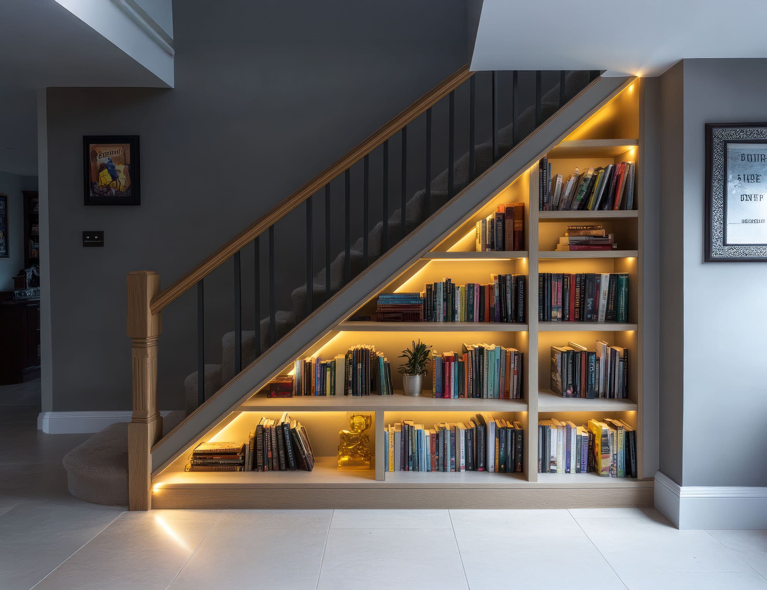 Bespoke understairs storage example - pull-out drawers and shelving