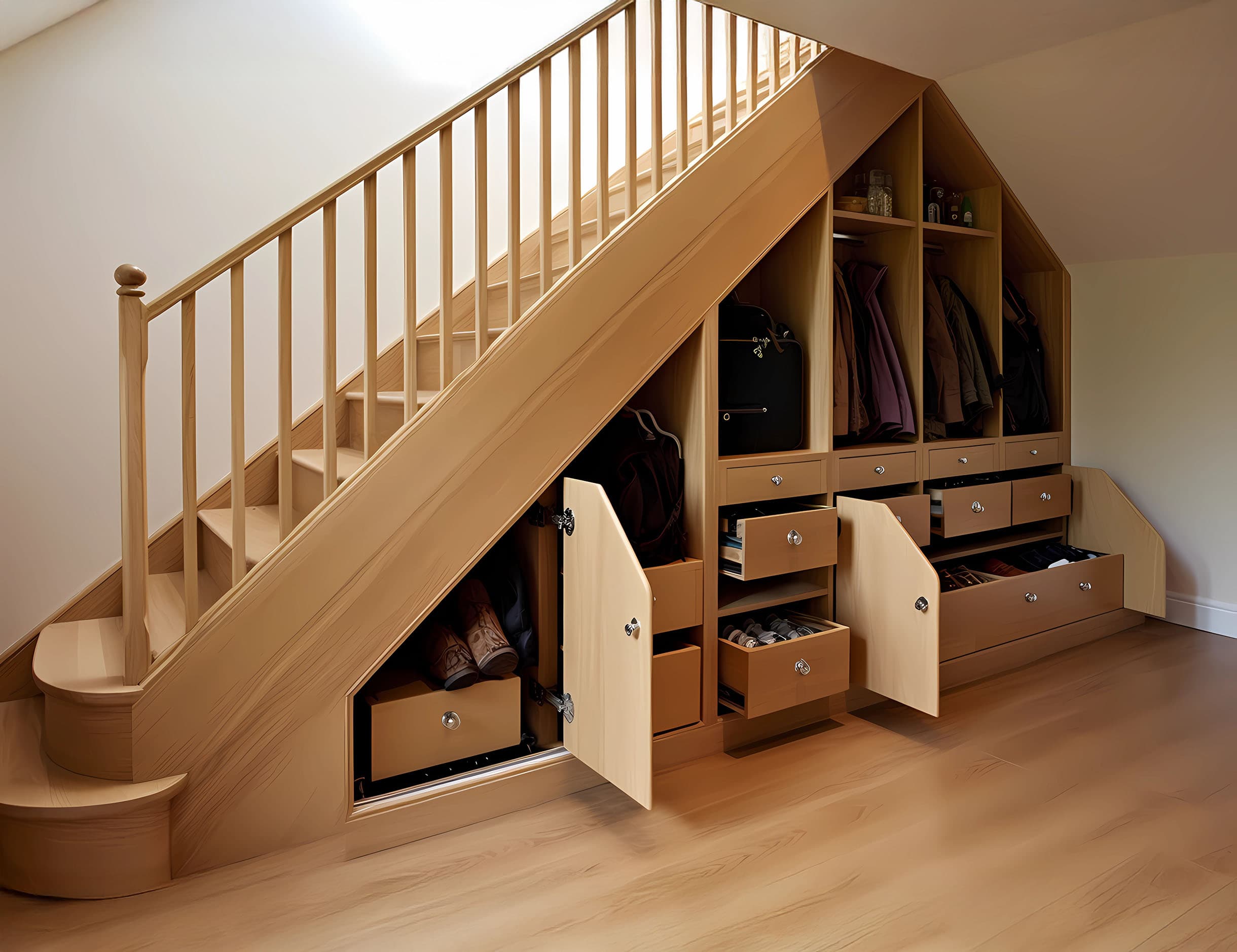 Bespoke understairs storage example - integrated cupboards