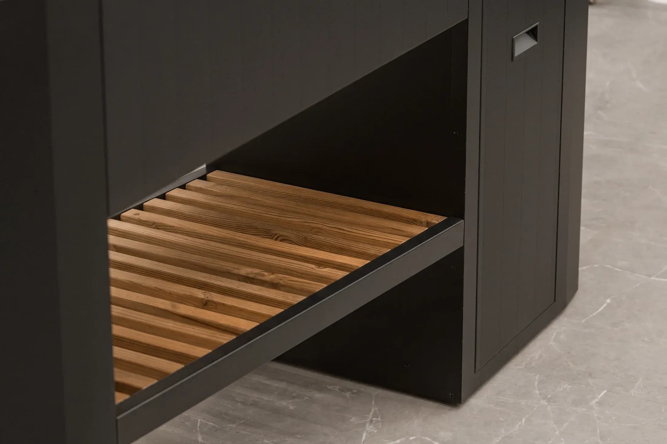 OVO outdoor kitchen timber shelf and aluminium cabinetry detail