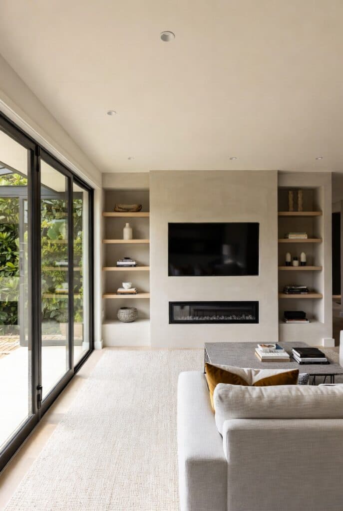 Contemporary media wall with TV shelving and integrated fireplace