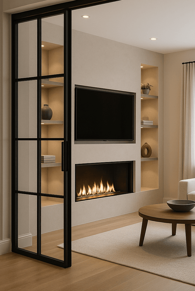 Media wall with bioethanol fireplace and Crittal-style doors