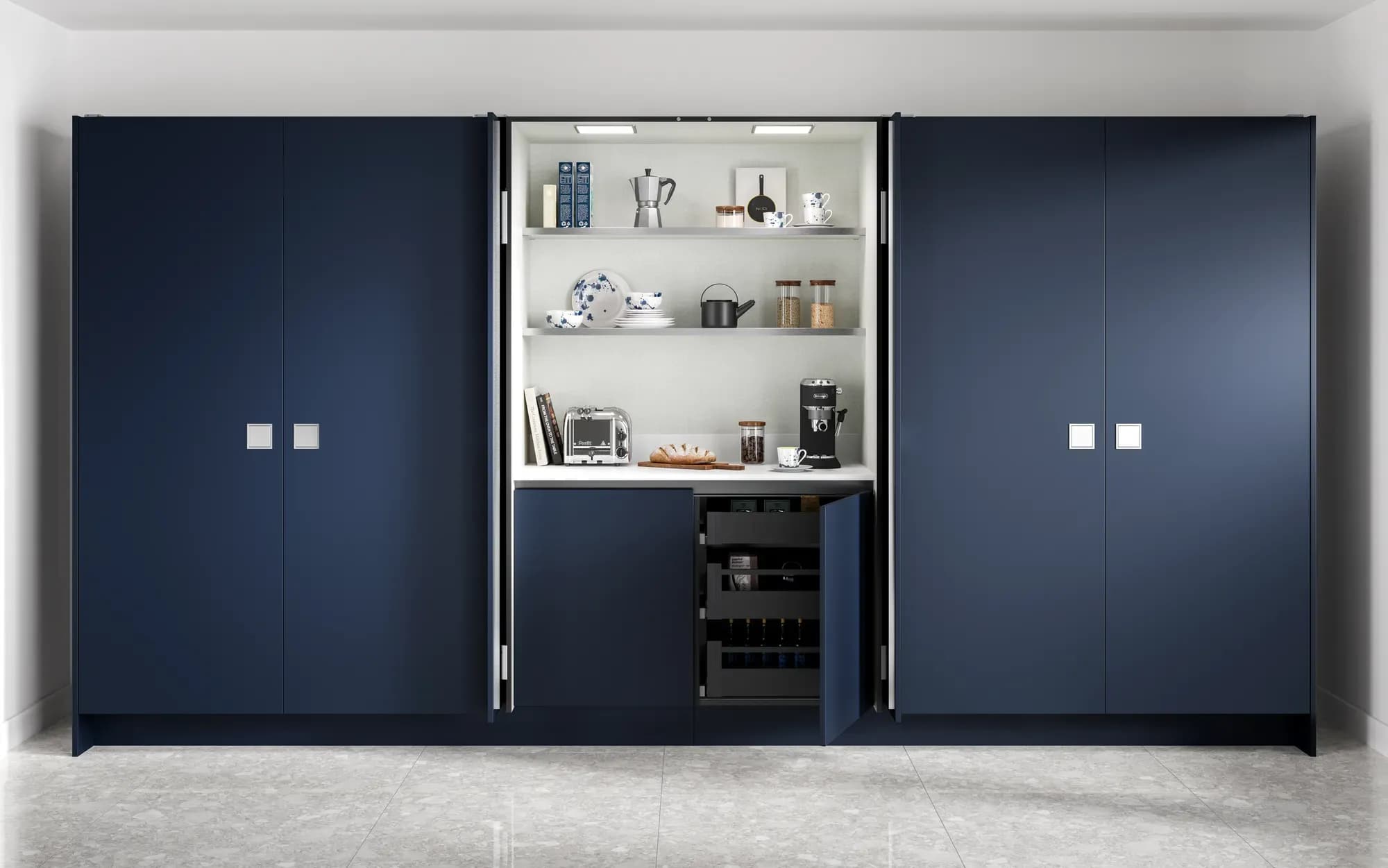 Double pocket door larder storage by Bentley Kitchens