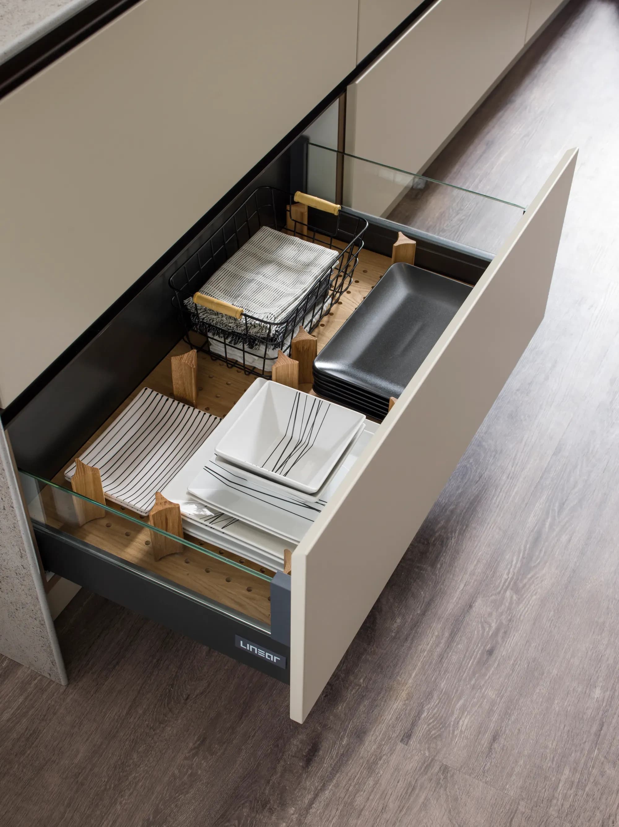 Linear Avant Clay and Stone storage detail by Bentley Kitchens