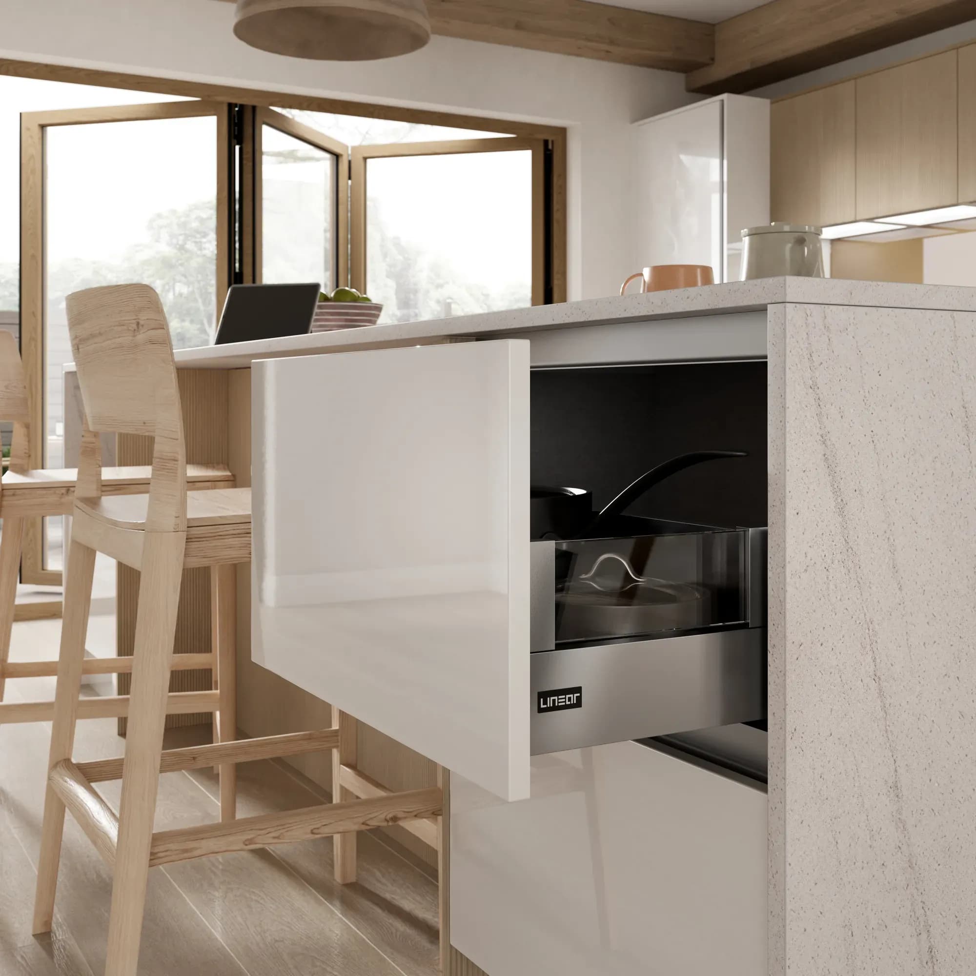 Linear Ice White pocket door storage detail by Bentley Kitchens