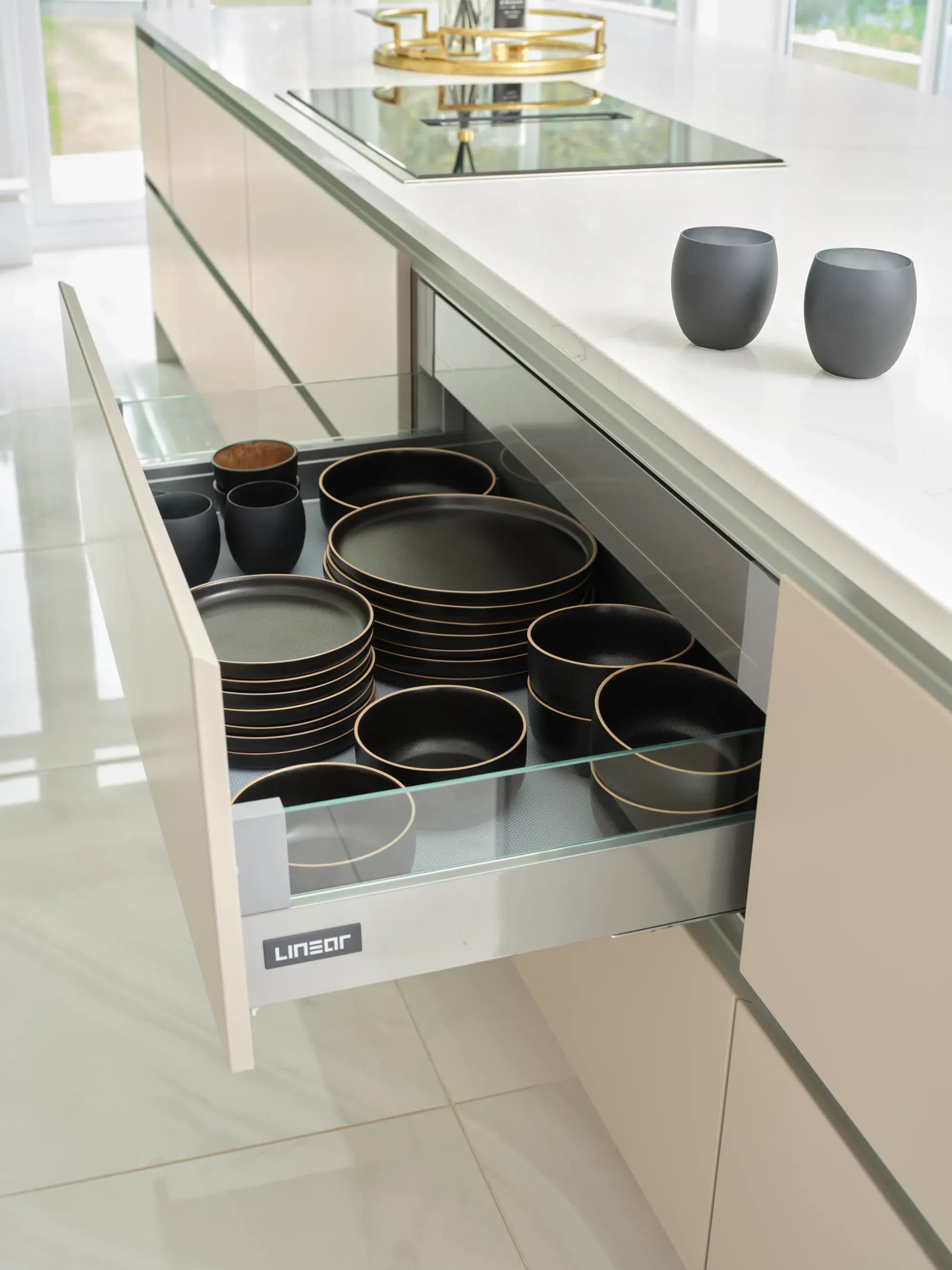 Linear Silver drawer box storage by Bentley Kitchens