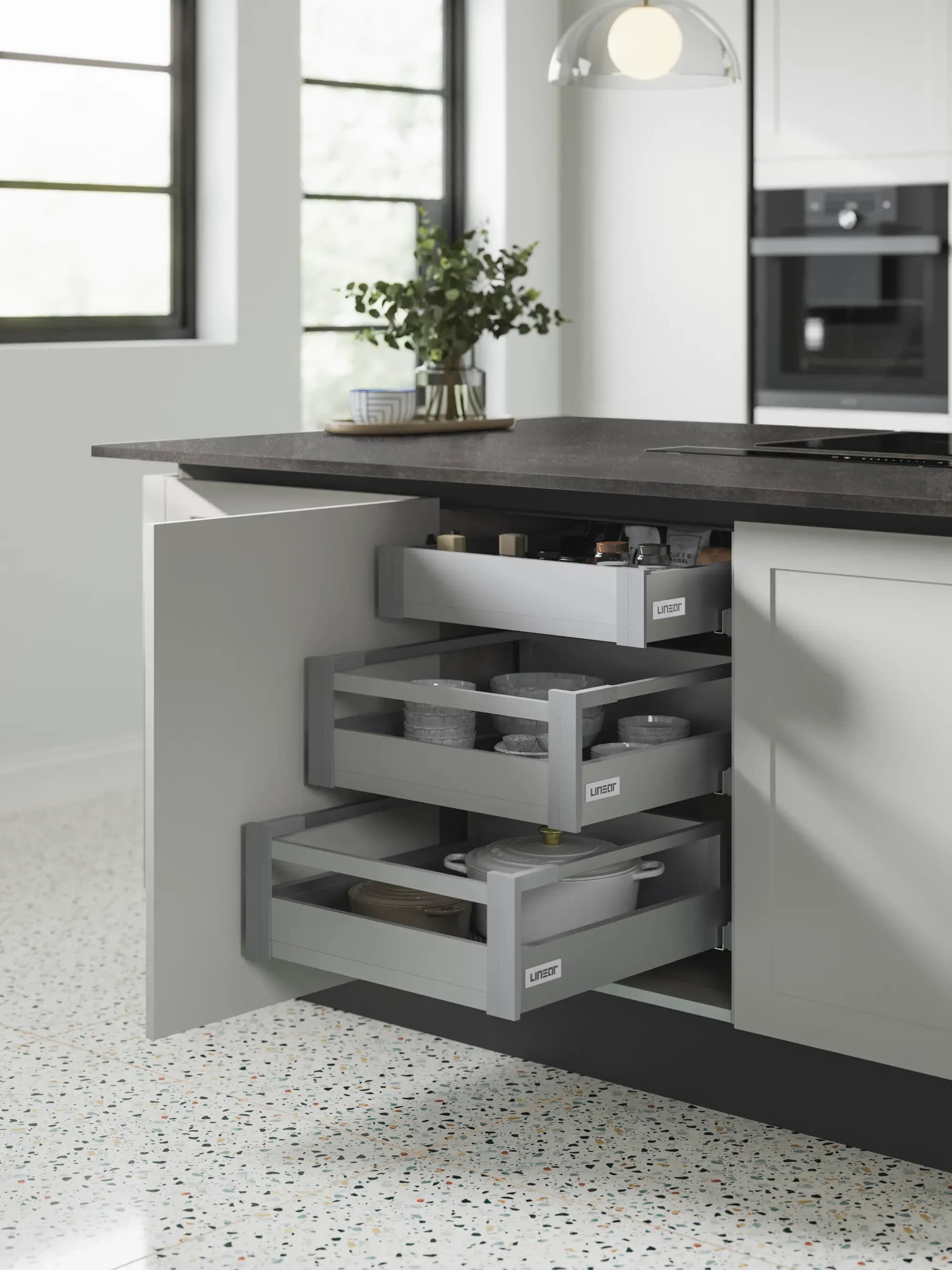 Linear Finesse Platinum Carbon Steel kitchen storage by Bentley Kitchens