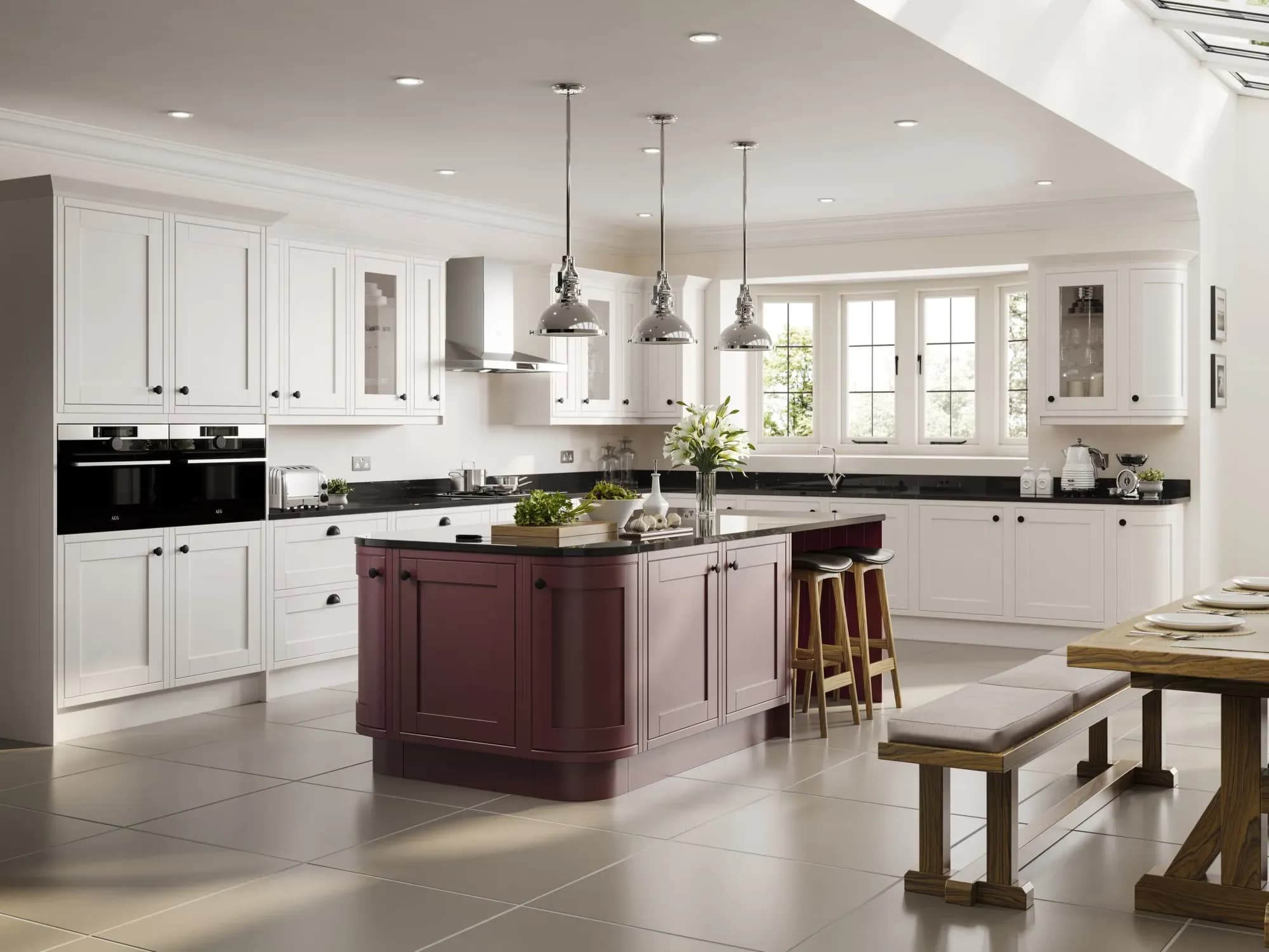 New England Chalk White and Carmine Red kitchen lighting by Bentley Kitchens